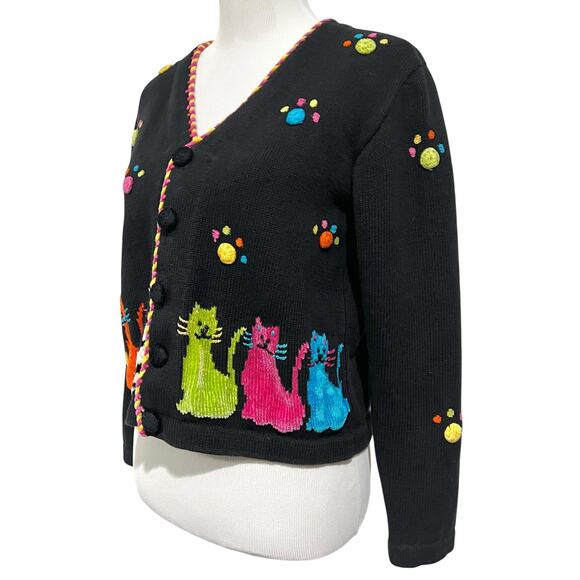 Jack B Quick Cat Cardigan Sweater Black Embroidered Vintage V-Neck Women’s Sz M - Picture 2 of 10